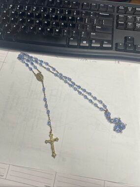 Gold-Tone Rosary Necklace with Light Blue Beads